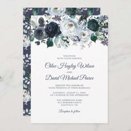 Rustic Navy Dusty Blue Waterverf Wedding Kaart (Voorkant / Achterkant)