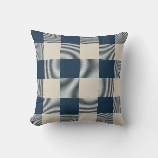 Rustic Navy en Beige Buffalo Check Plaid Kussen (Voorkant)