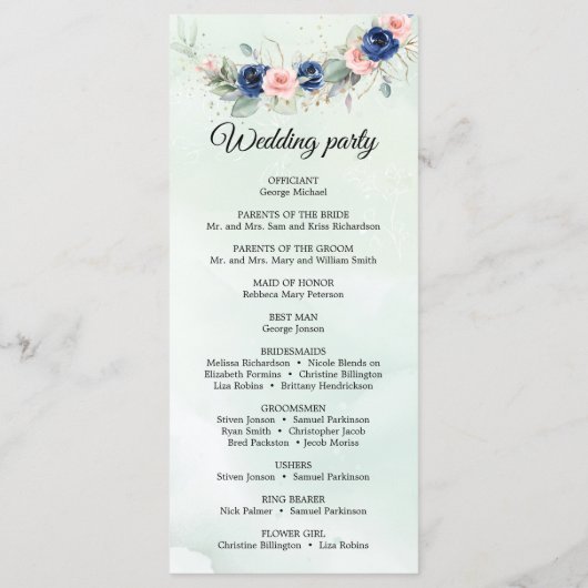 Rustic Navy en Blush Bloemen Greenery Krans Programmakaart (Achterkant)