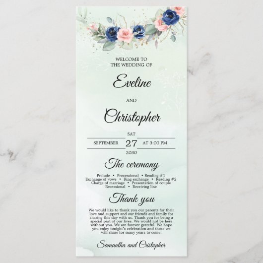 Rustic Navy en Blush Bloemen Greenery Krans Programmakaart (Voorkant)