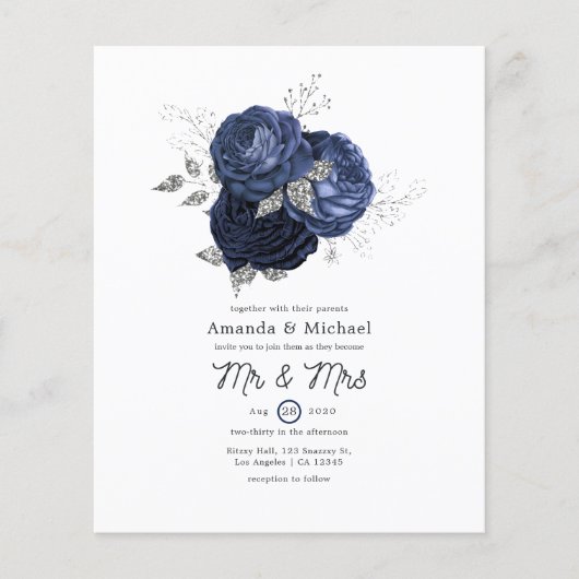 Rustic Navy en Faux Glitter Silver Floral Wedding Flyer (Voorkant)