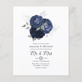 Rustic Navy en Faux Glitter Silver Floral Wedding Flyer