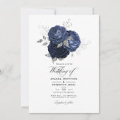 Rustic Navy en Faux Glitter Silver Floral Wedding Kaart (Voorkant)