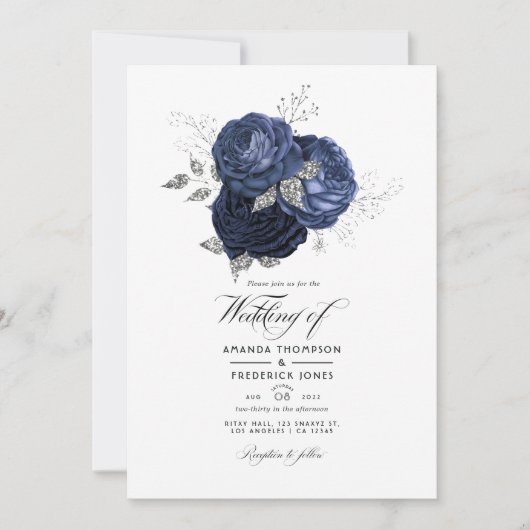 Rustic Navy en Faux Glitter Silver Floral Wedding Kaart (Voorkant)