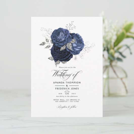 Rustic Navy en Faux Glitter Silver Floral Wedding Kaart (Staand voorkant)