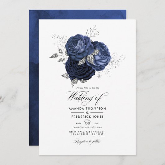 Rustic Navy en Faux Glitter Silver Floral Wedding Kaart (Voorkant / Achterkant)