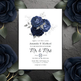 Rustic Navy en Faux Glitter Silver Floral Wedding Kaart