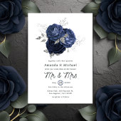 Rustic Navy en Faux Glitter Silver Floral Wedding Kaart