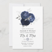 Rustic Navy en Faux Glitter Silver Floral Wedding Kaart (Voorkant)