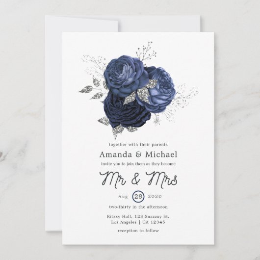 Rustic Navy en Faux Glitter Silver Floral Wedding Kaart (Voorkant)