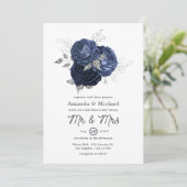Rustic Navy en Faux Glitter Silver Floral Wedding Kaart (Staand voorkant)
