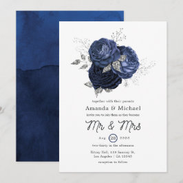 Rustic Navy en Faux Glitter Silver Floral Wedding Kaart