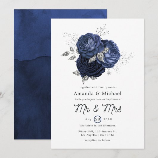 Rustic Navy en Faux Glitter Silver Floral Wedding Kaart (Voorkant / Achterkant)