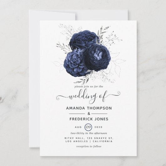Rustic Navy en Faux Glitter Silver Floral Wedding Kaart (Voorkant)