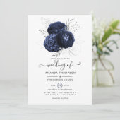 Rustic Navy en Faux Glitter Silver Floral Wedding Kaart (Staand voorkant)