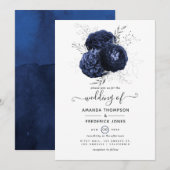 Rustic Navy en Faux Glitter Silver Floral Wedding Kaart (Voorkant / Achterkant)