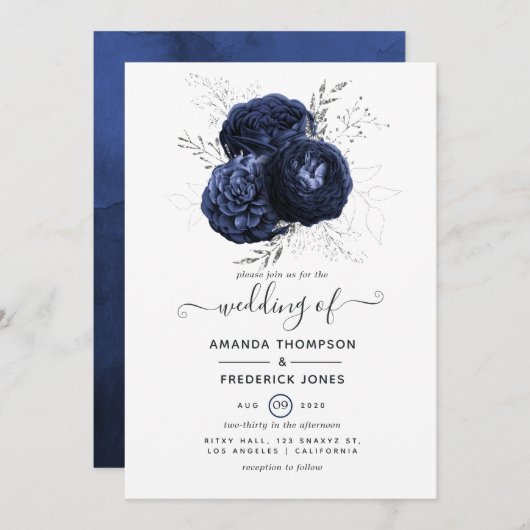 Rustic Navy en Faux Glitter Silver Floral Wedding Kaart (Voorkant / Achterkant)