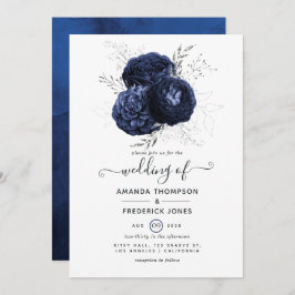 Rustic Navy en Faux Glitter Silver Floral Wedding Kaart
