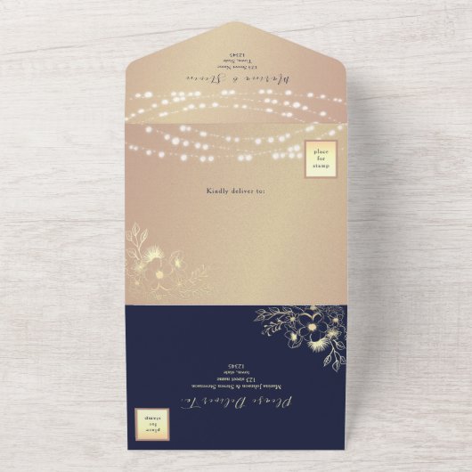 Rustic Navy en Gold String Lights Wedding All In One Uitnodiging (Buitenkant)