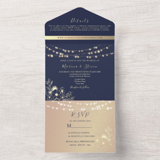 Rustic Navy en Gold String Lights Wedding All In One Uitnodiging (Binnen)