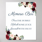 Rustic Navy en Marsala Floral Mimosa Bar Sign Poster (Voorkant)