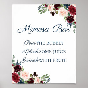 Rustic Navy en Marsala Floral Mimosa Bar Sign Poster