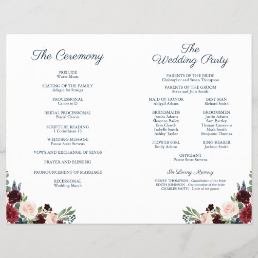 Rustic Navy en Marsala Floral Wedding Programs Flyer (Achterkant)