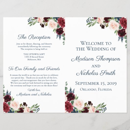 Rustic Navy en Marsala Floral Wedding Programs Flyer (Voorkant)