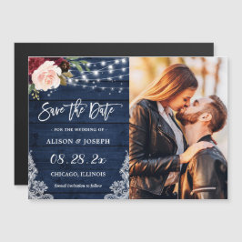 Rustic Navy Floral Save the Date Magnetic Kaart