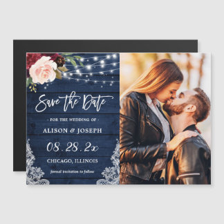 Rustic Navy Floral Save the Date Magnetic Kaart