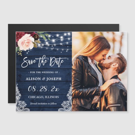 Rustic Navy Floral Save the Date Magnetic Kaart (Voorkant / Achterkant)