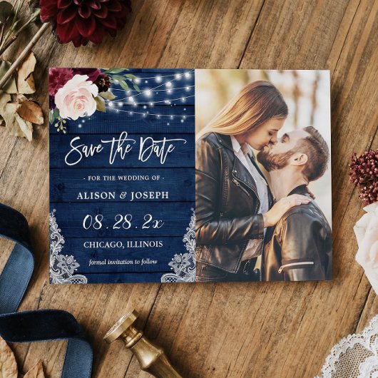 Rustic Navy Floral Save the Date Magnetic Kaart