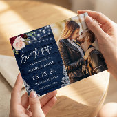 Rustic Navy Floral Save the Date Magnetic Kaart