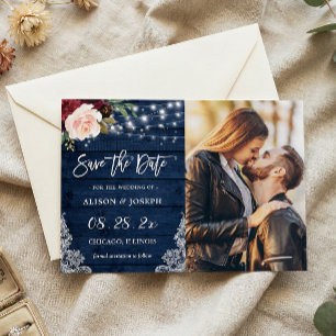Rustic Navy Floral Save the Date Magnetic Kaart