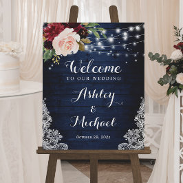 Rustic Navy Floral String Lights Wace Wedding Sign Poster