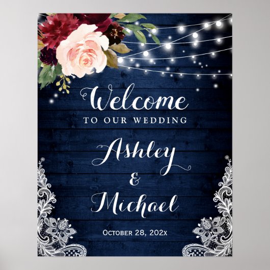 Rustic Navy Floral String Lights Wace Wedding Sign Poster (Voorkant)