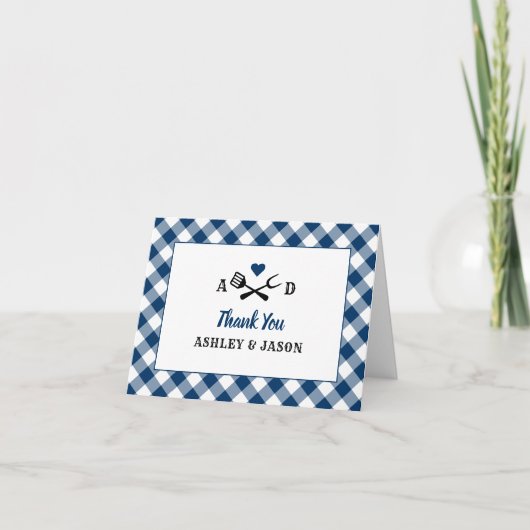Rustic Navy Gingham Pset BBQ Wedding Monogram Bedankkaart (Voorkant)