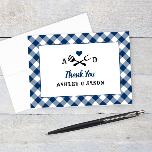 Rustic Navy Gingham Pset BBQ Wedding Monogram Bedankkaart