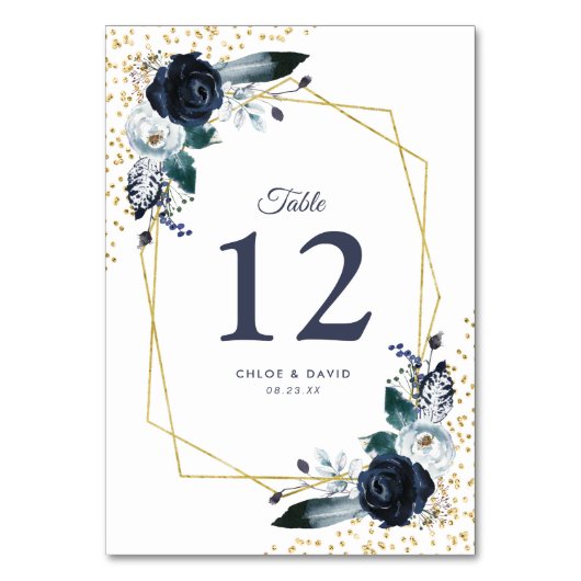 Rustic Navy Gold Floral Trouwtafel Nummer Kaart (Voorkant)