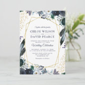 Rustic Navy Peony Gold Geometrische Lijst bruiloft Kaart (Staand voorkant)