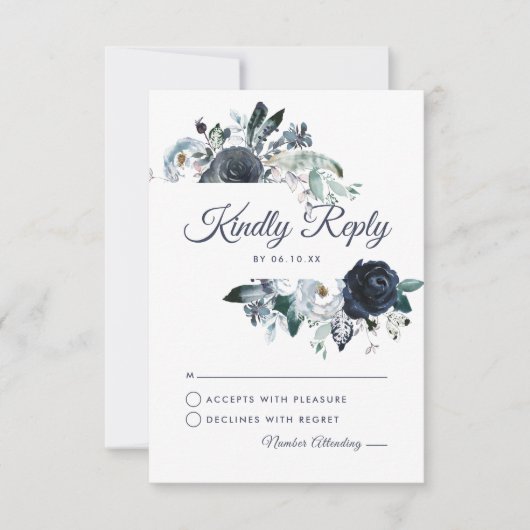 Rustic Navy Peony Waterverf bruiloft RSVP (Voorkant)