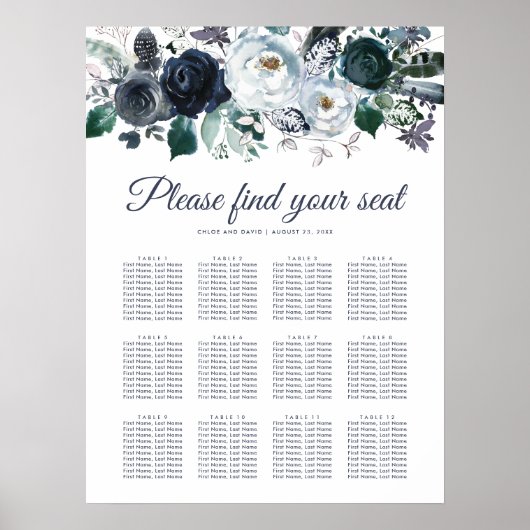 Rustic Navy Peony Wedding 12 Table Seating Chart Poster (Voorkant)