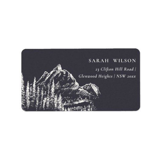 Rustic Navy Pine Bossen Mountain Sketch Adres Etiket (Voorkant)