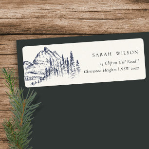 Rustic Navy Pine Bossen Mountain Sketch Adres Etiket
