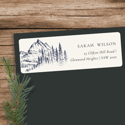 Rustic Navy Pine Bossen Mountain Sketch Adres Etiket