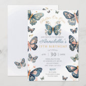Rustic Navy & Pink Butterfly Party Uitnodiging (Voorkant / Achterkant)