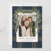 Rustic Navy Plaid Greenery Christmas 4 Photo Feestdagenkaart (Voorkant)