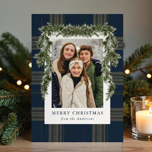 Rustic Navy Plaid Greenery Christmas 4 Photo Feestdagenkaart