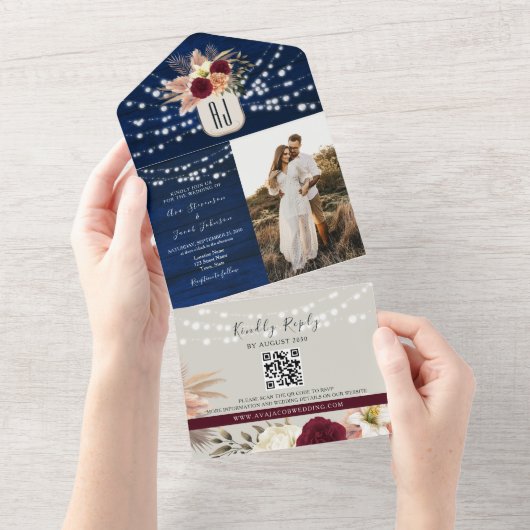 Rustic Navy QR Code All-in-One Uitnodiging (Afscheurbaar)