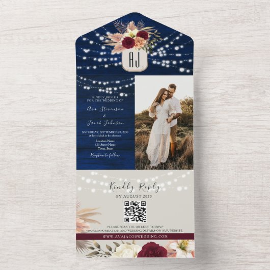Rustic Navy QR Code All-in-One Uitnodiging (Binnen)